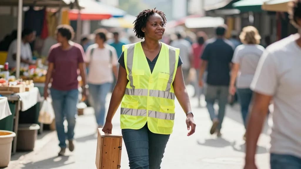 A Black woman in her thirties with short twists is walking away down the market row with the wooden case under one arm, stalls either side and the crowd movi…