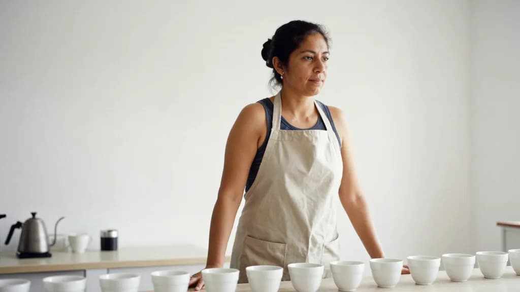 A Latina woman in her forties with dark hair in a low knot is standing at a long tasting bench lined with small white cups in a coffee cupping room, a kettle…