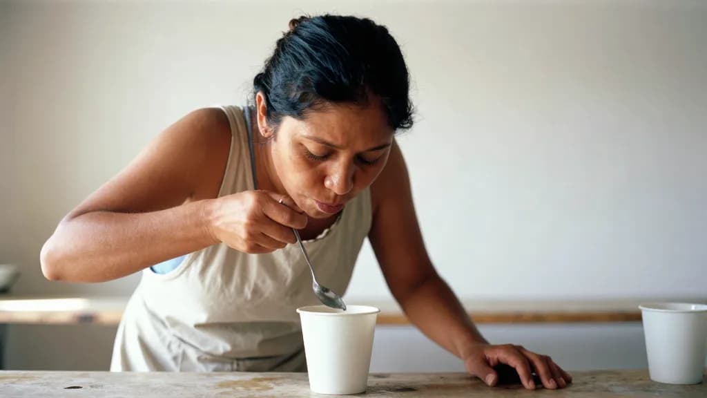 A Latina woman in her forties with dark hair in a low knot is leaning over a cup with a spoon raised to her mouth mid slurp, the row of cups running away and…