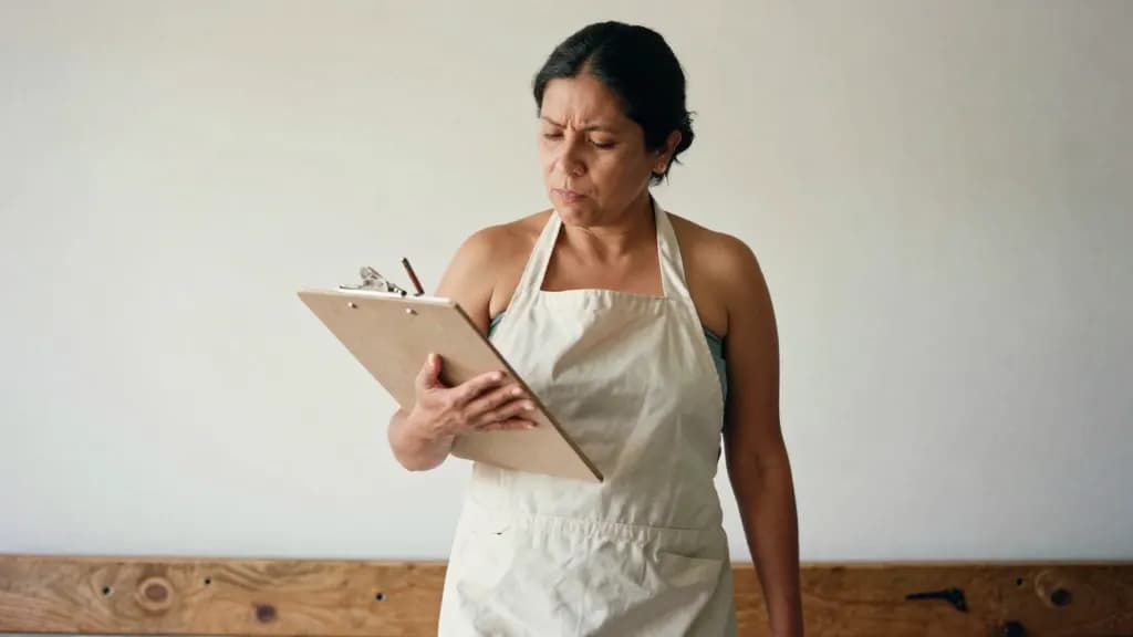 A Latina woman in her forties with dark hair in a low knot is writing nothing on a clipboard held against her forearm while moving down the bench, cups behin…