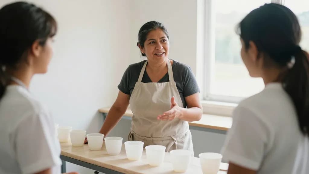 A Latina woman in her forties with dark hair in a low knot is standing at the end of the cupping bench talking to two younger colleagues, the cups now cleare…