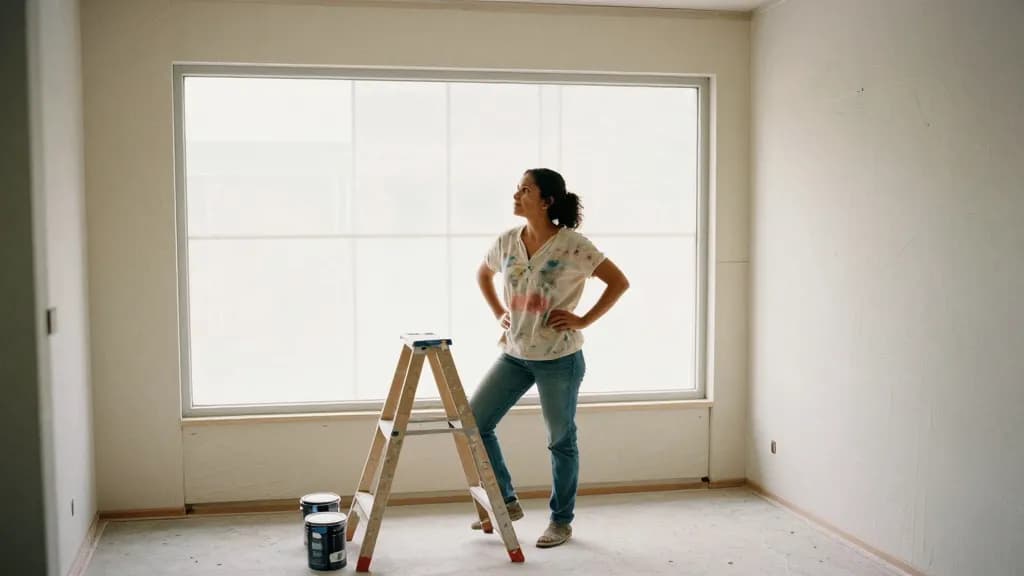 A Latina woman in her thirties with dark curly hair tied up is standing in an empty shop unit mid fit-out with a stepladder and paint tins on the bare floor,…