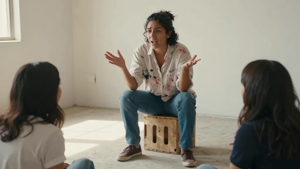 A Latina woman in her thirties with dark curly hair tied up is sitting on an upturned crate in the empty unit with two friends on the floor opposite, all thr…