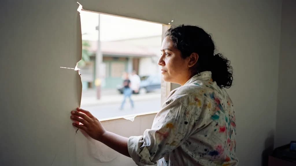 A Latina woman in her thirties with dark curly hair tied up is standing at the papered window looking out at the street through a torn corner, watching passe…