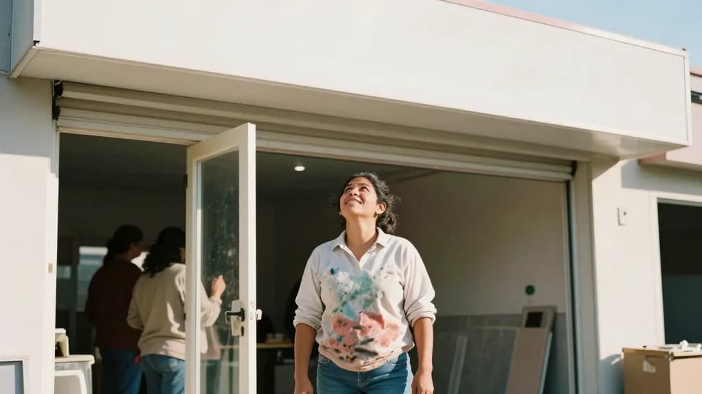 A Latina woman in her thirties with dark curly hair tied up is standing outside the finished shop on opening morning looking up at the new blank fascia, the…