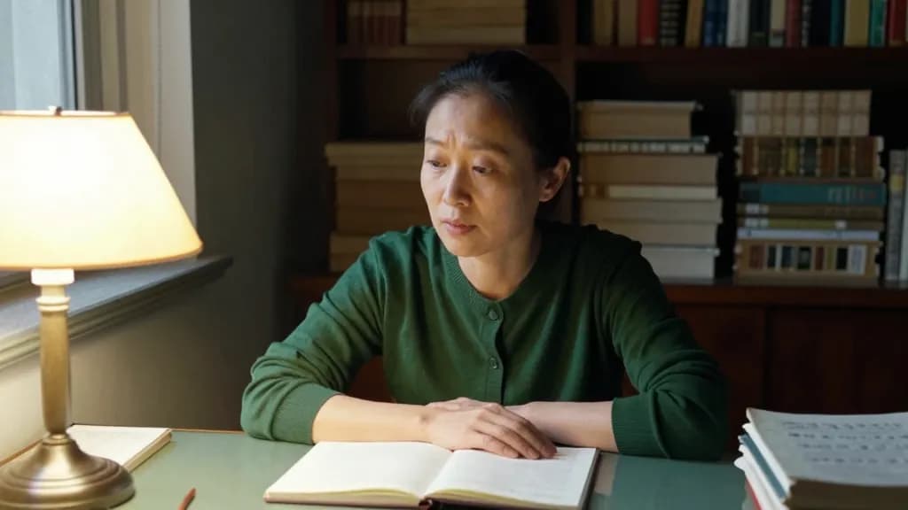 An East Asian woman in her forties with dark hair pinned up is sitting at a desk in a quiet study lined with old books, a lamp on and a notebook open in fron…