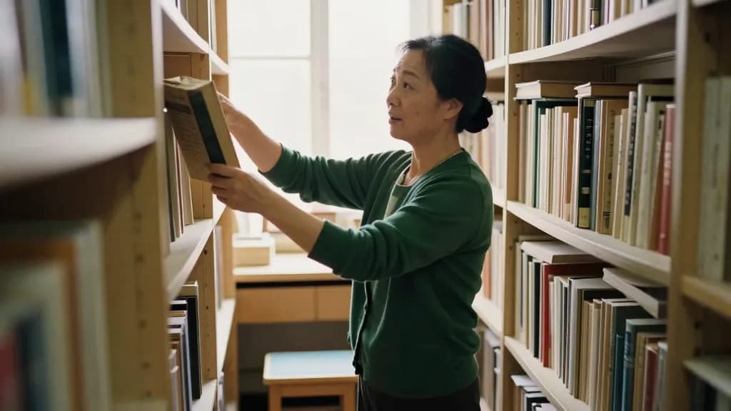 An East Asian woman in her forties with dark hair pinned up is standing at a bookshelf pulling down an old volume with both hands, the shelves crowded and a…