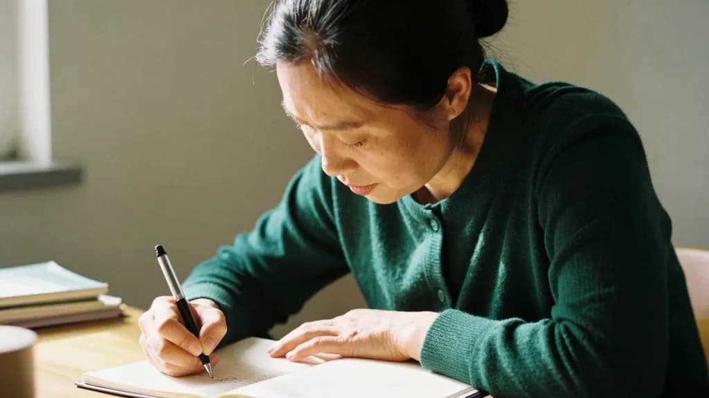An East Asian woman in her forties with dark hair pinned up is leaning over the desk writing in the notebook by lamplight, one hand steadying the page and th…