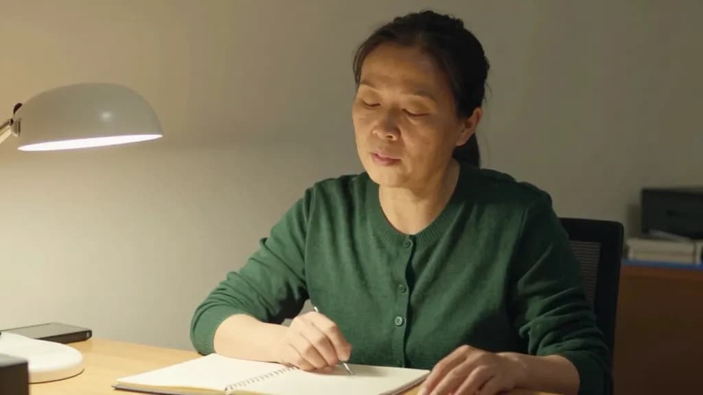 An East Asian woman in her forties with dark hair pinned up is sitting back in the desk chair with her eyes closed saying something quietly to herself, the n…