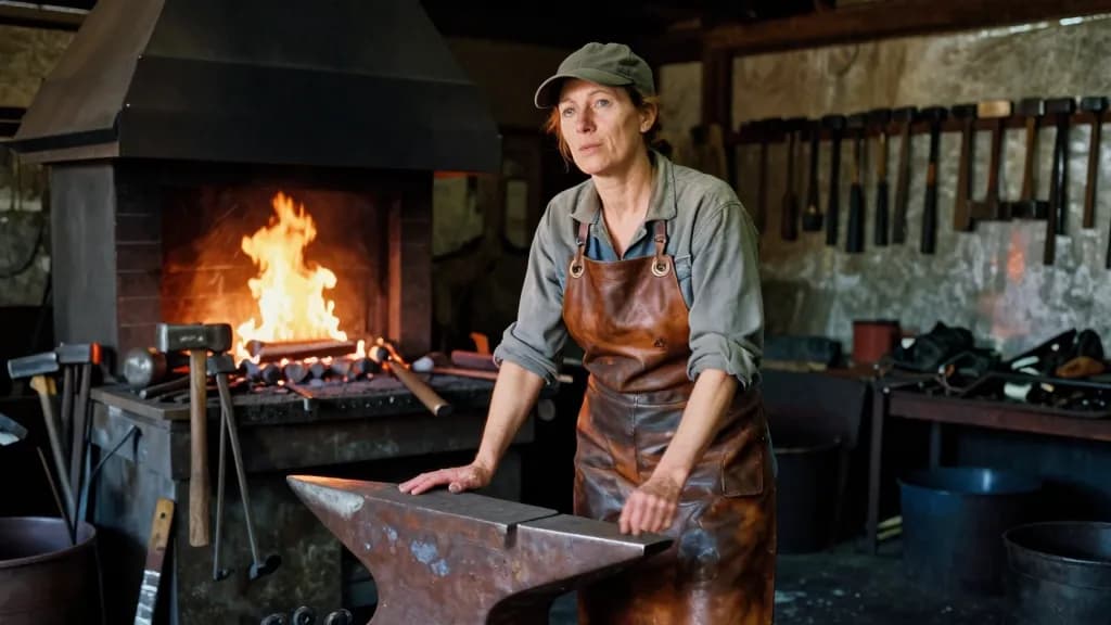 A white woman in her forties with hair tied back under a cap is standing in a working blacksmith's forge with the fire banked orange behind her, hammers rack…