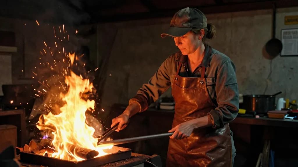 A white woman in her forties with hair tied back under a cap is drawing a glowing bar from the fire with tongs, sparks lifting and the shop dark around the f…