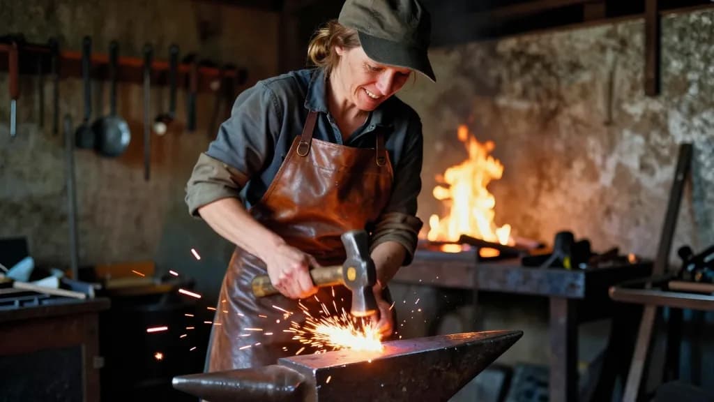 A white woman in her forties with hair tied back under a cap is hammering hot metal on the anvil with sparks flying, the fire glowing behind her and tools ra…