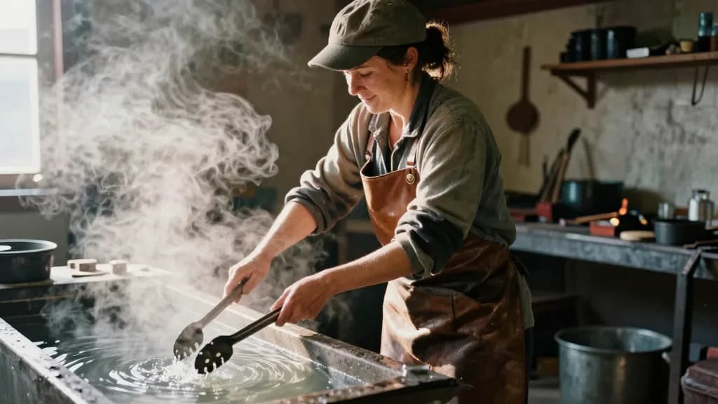 A white woman in her forties with hair tied back under a cap is quenching a finished piece in a water trough with steam rising around her, the shop quiet and…