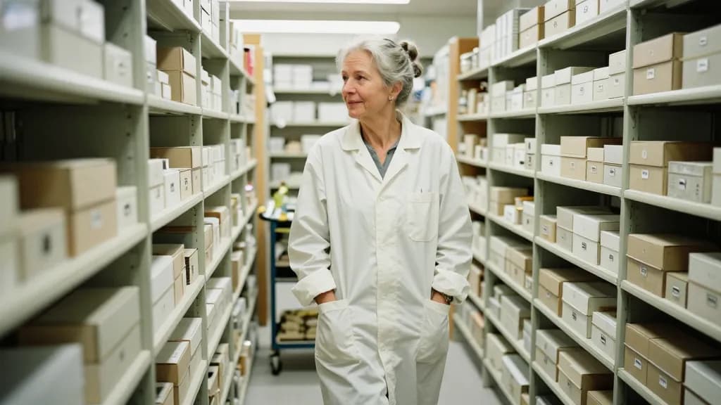 A white woman in her fifties with grey hair in a bun is standing in a museum store room between tall racking of shallow drawers and shelved artefact boxes, a…