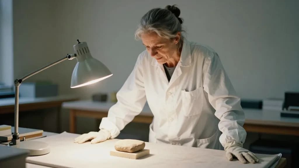 A white woman in her fifties with grey hair in a bun is standing at a padded examination table with a small clay tablet resting on a foam support in front of…