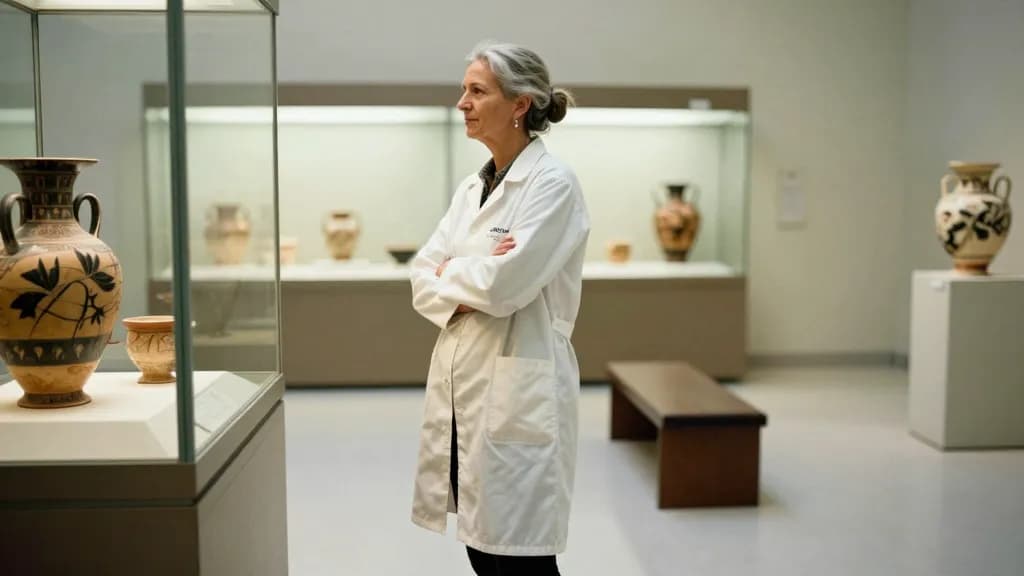 A white woman in her fifties with grey hair in a bun is standing in a gallery in front of a case of Greek pottery, the room quiet and a bench in the middle o…