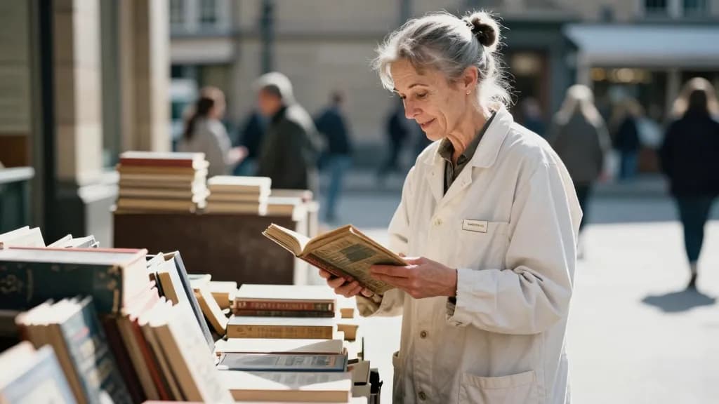 A white woman in her fifties with grey hair in a bun is standing at a second-hand bookstall outside the museum flicking through a battered old paperback, box…