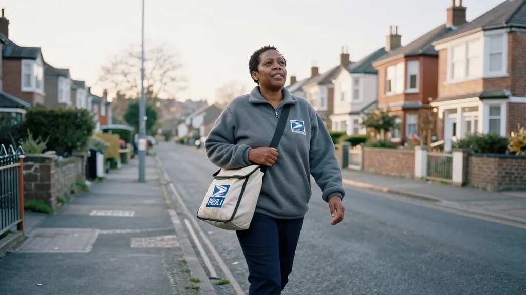 A Black woman in her fifties with short natural hair is walking a suburban street on her round in the early morning with a mail satchel across her body, terr…