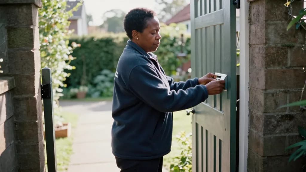 A Black woman in her fifties with short natural hair is standing at a garden gate posting something through a front door slot, the gate open behind her and t…