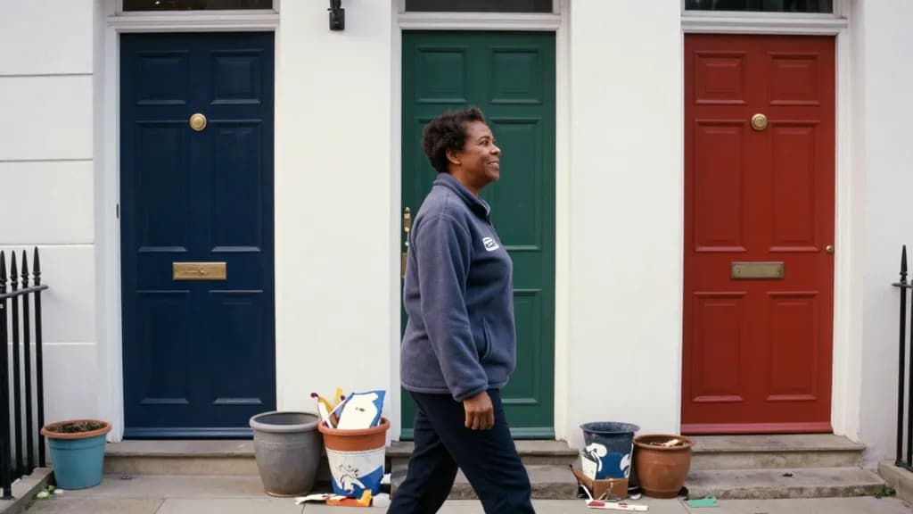 A Black woman in her fifties with short natural hair is walking past a row of three very different front doors on one terrace, each with different pots and p…