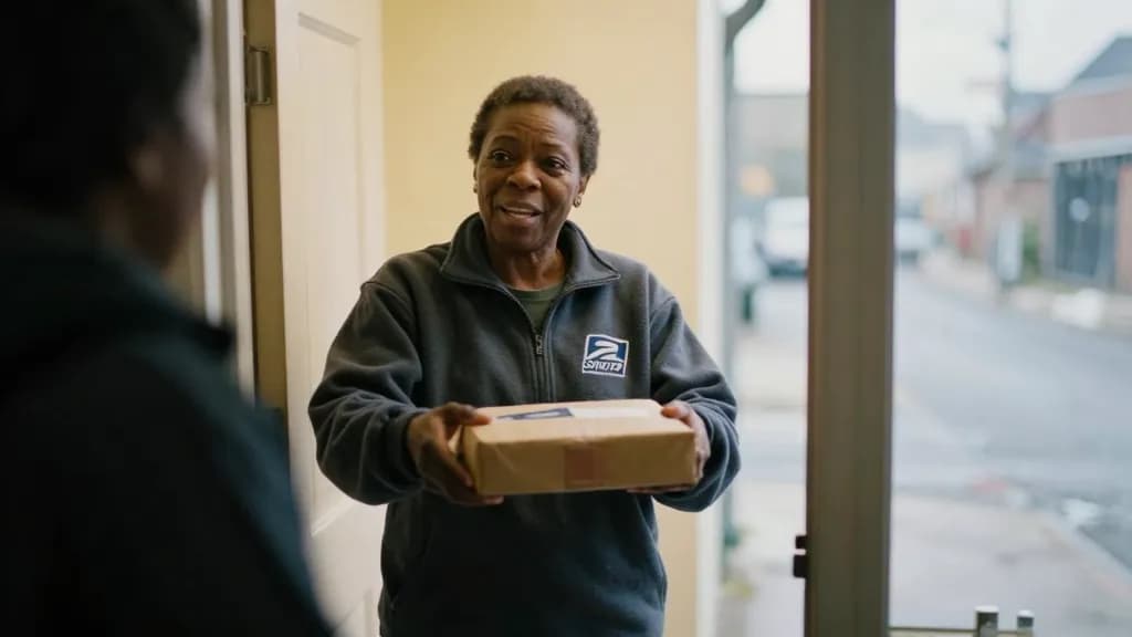 A Black woman in her fifties with short natural hair is standing at a doorway handing a parcel to a resident, the hall visible warm behind them and the stree…