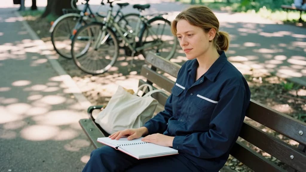 A white woman in her late twenties with hair in a short ponytail is sitting on a slatted park bench in dappled shade with a notebook closed on her knee, a ca…
