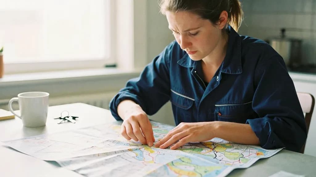 A white woman in her late twenties with hair in a short ponytail is at a kitchen table folding a large paper map down again and again into a smaller and smal…