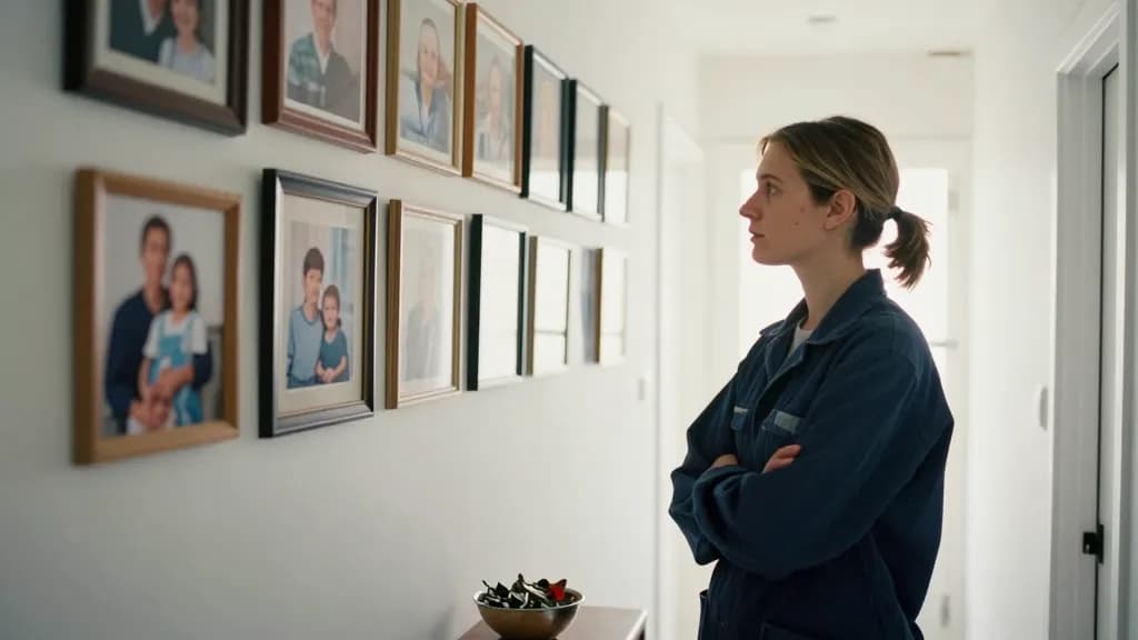 A white woman in her late twenties with hair in a short ponytail is standing in a hallway looking at a wall of framed family photographs spanning decades, a…