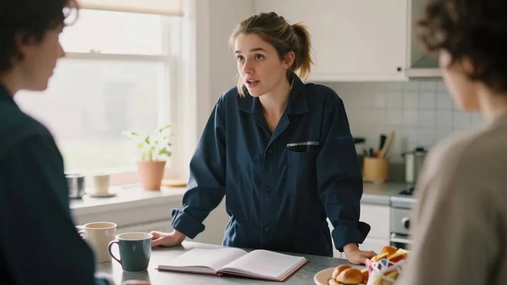 A white woman in her late twenties with hair in a short ponytail is standing at a kitchen counter with a friend beside her, both of them looking down at an o…