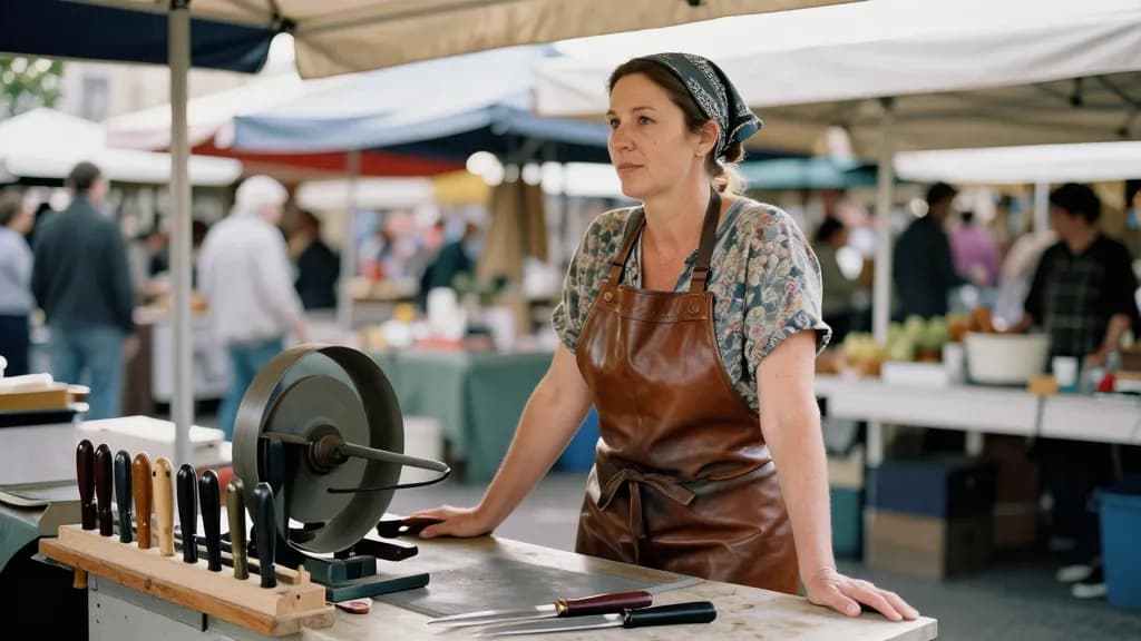 A white woman in her forties with hair tied back in a bandana is standing behind a knife-sharpening stall at a busy street market, a foot-powered grinding wh…