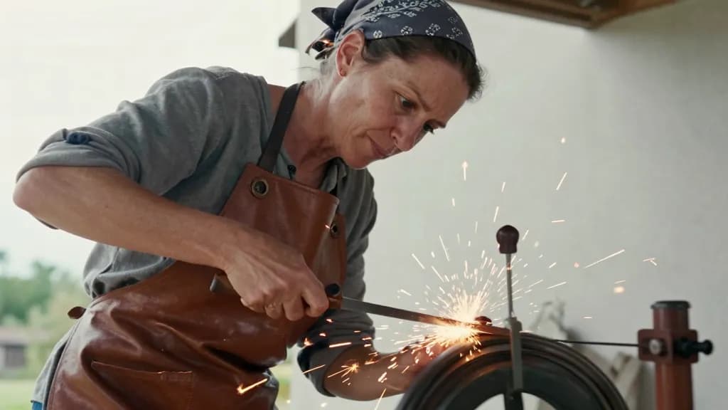 A white woman in her forties with hair tied back in a bandana is drawing a blade across the spinning wheel with a fine spray of sparks, both hands controllin…