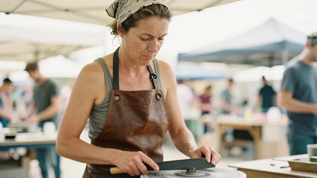 A white woman in her forties with hair tied back in a bandana is testing a finished edge against her thumbnail held safely flat, the wheel stopped and the ma…