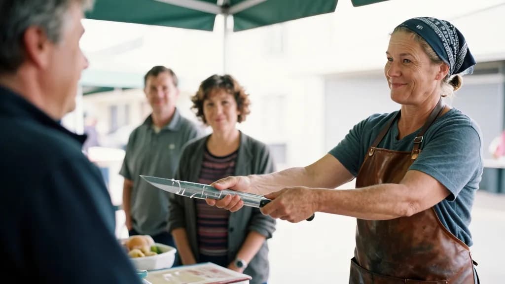 A white woman in her forties with hair tied back in a bandana is handing a wrapped knife back across the bench to a customer, a queue of two waiting behind t…
