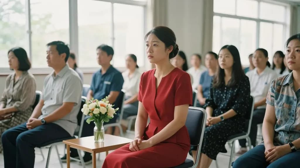 An East Asian woman in her thirties with hair pinned up is sitting in a row of chairs in a civic ceremony room waiting, other people seated either side of he…