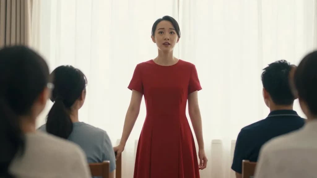 An East Asian woman in her thirties with hair pinned up is standing as her name is called, half risen from the chair with the people either side still seated…