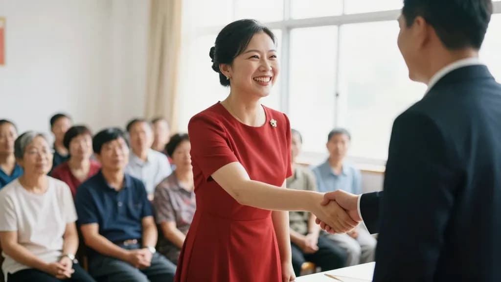 An East Asian woman in her thirties with hair pinned up is shaking hands with an official at the front of the room, a small group of family watching from the…