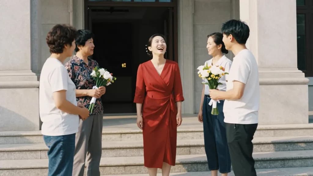 An East Asian woman in her thirties with hair pinned up is standing outside the civic building on the steps surrounded by four family members, all of them ta…