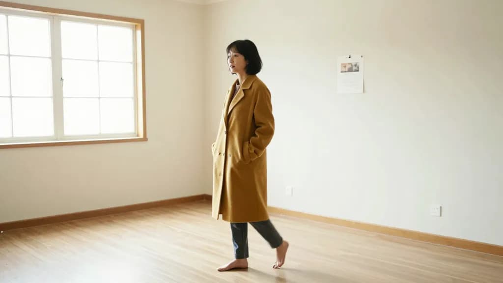 An East Asian woman in her thirties with a short bob is standing in the middle of an entirely empty front room of a house for sale, bare floorboards and a ma…
