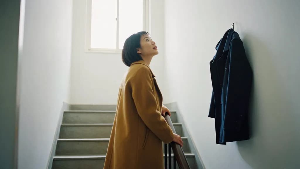 An East Asian woman in her thirties with a short bob is standing at the foot of the stairs in the empty hallway looking up, coats gone from the hooks and a s…