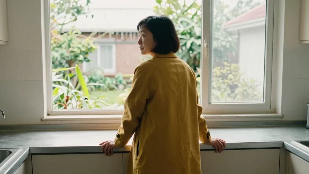 An East Asian woman in her thirties with a short bob is standing at the back window of the empty kitchen looking out at an overgrown garden, the worktops bar…