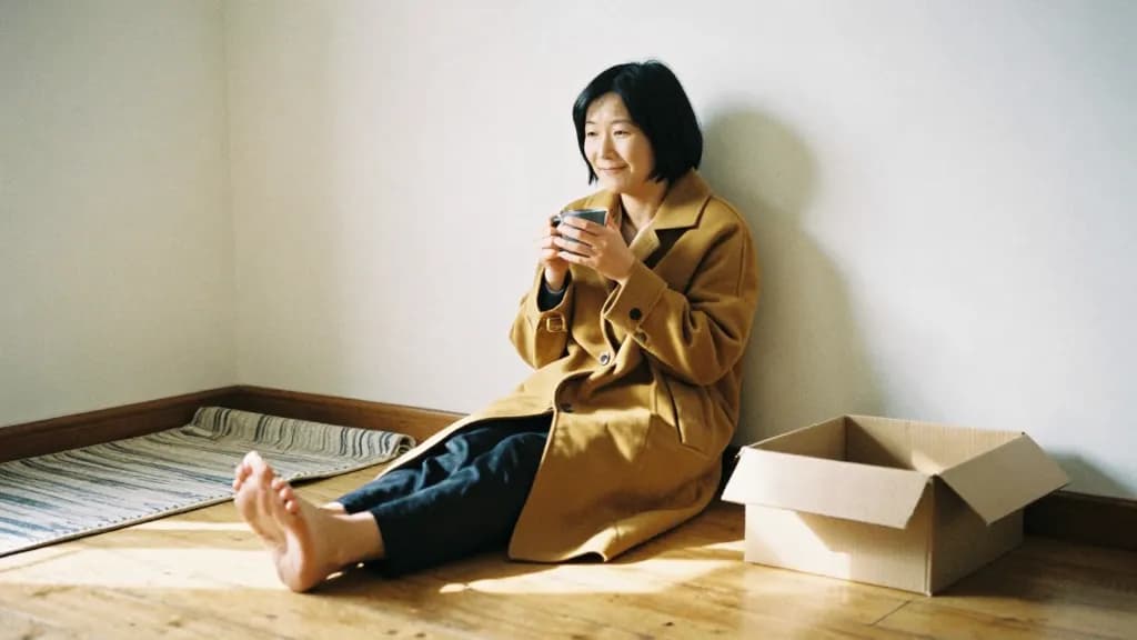 An East Asian woman in her thirties with a short bob is sitting on the bare floorboards of the same room weeks later with a mug, a rug half unrolled and two…