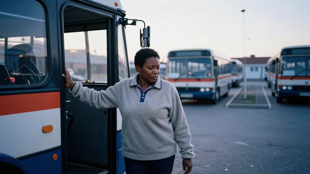 A Black woman in her forties with short natural hair is standing beside a single-decker rural bus at a depot in the early morning, the door open and the yard…
