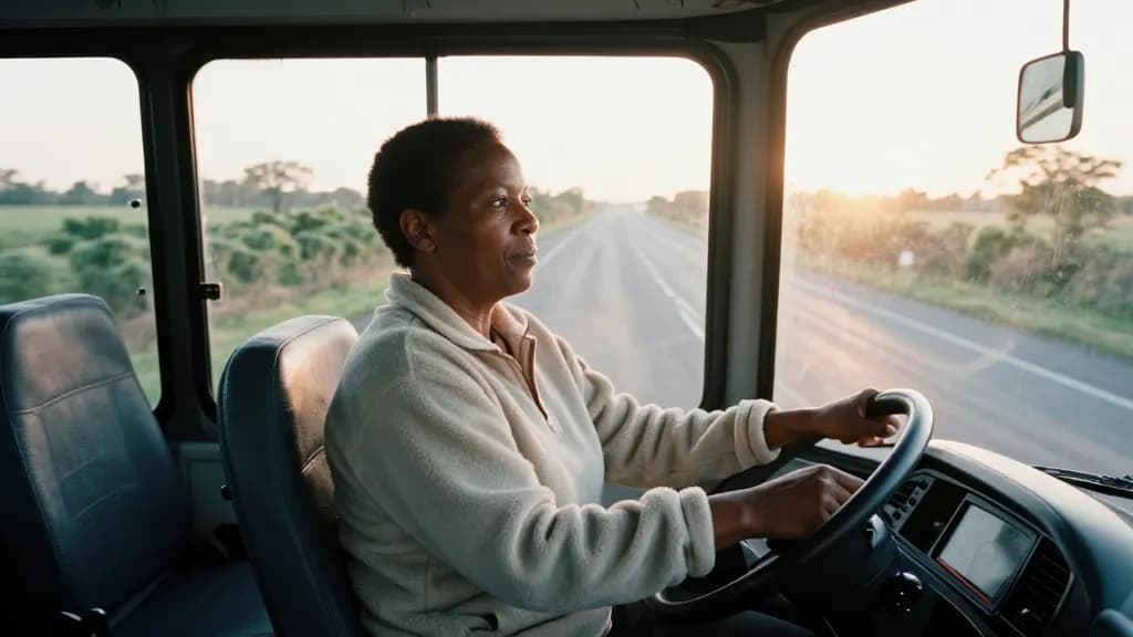 A Black woman in her forties with short natural hair is driving the bus along an empty country road at sunrise, hedges running past the windscreen and the se…