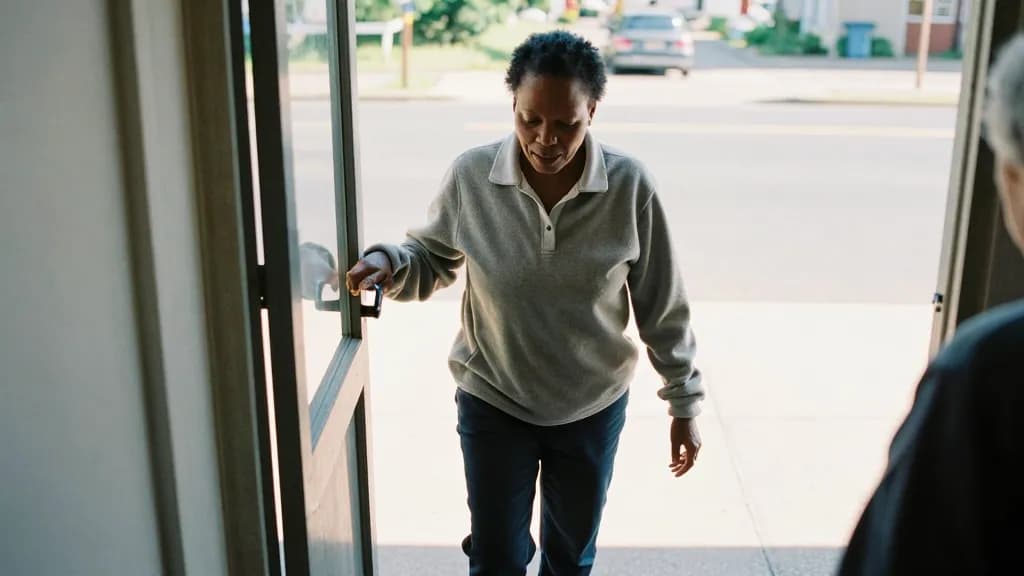 A Black woman in her forties with short natural hair is stopped at a village stop helping an elderly passenger up the step, the door folded open and the road…