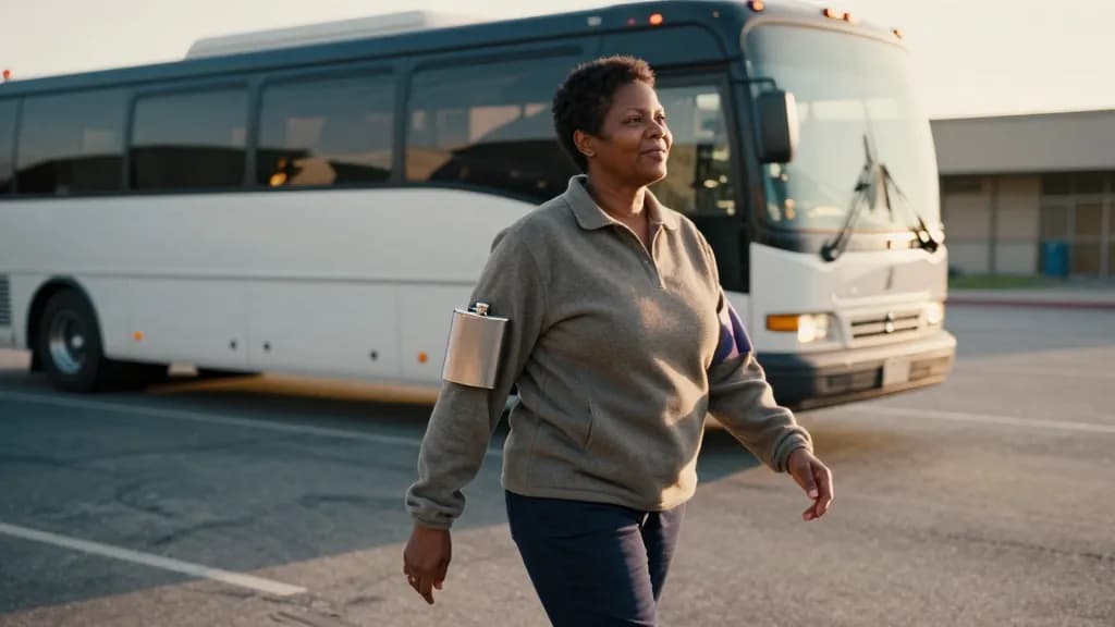 A Black woman in her forties with short natural hair is walking back across the depot yard at the end of a shift with a flask under one arm, the bus parked b…