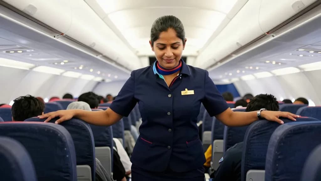 A South Asian woman in her thirties with hair in a neat low bun is standing in an aircraft aisle during boarding, passengers stowing bags either side of her…