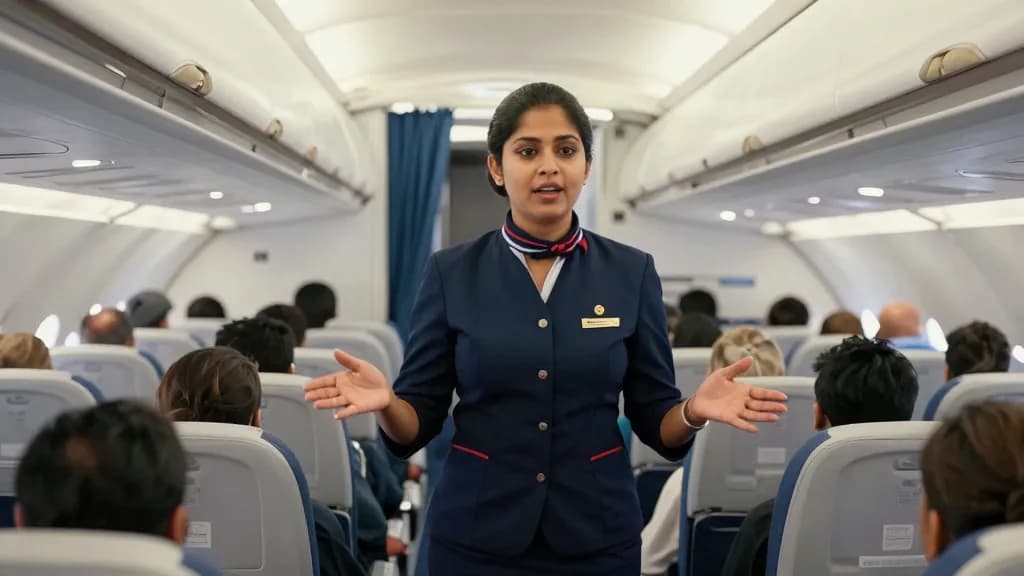A South Asian woman in her thirties with hair in a neat low bun is standing at the front of the cabin addressing the passengers during the safety briefing, t…