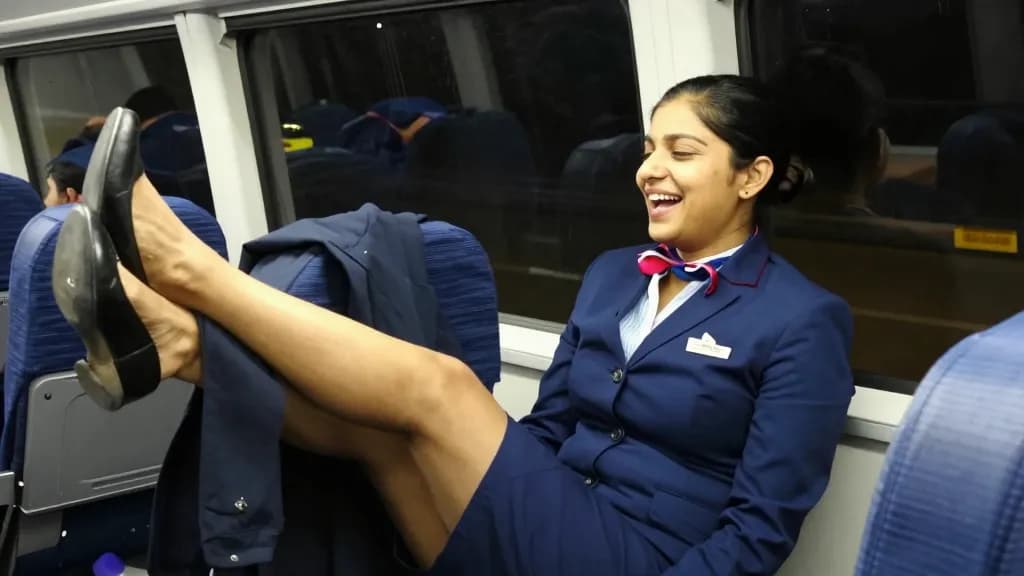 A South Asian woman in her thirties with hair in a neat low bun is sitting on a crew bus after the flight with her jacket off and her shoes in her hand, othe…