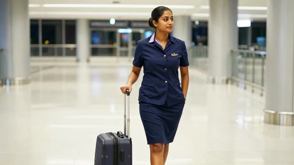 A South Asian woman in her thirties with hair in a neat low bun is walking through an empty airport corridor at night wheeling a cabin case, uniform half und…