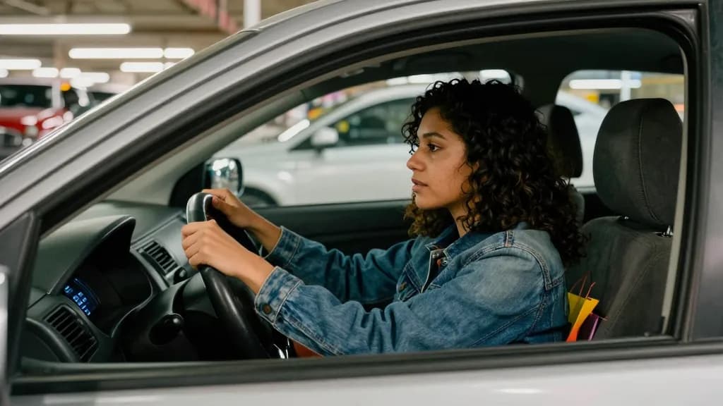 A Latina woman in her late twenties with dark curly hair is sitting in a parked car alone in a supermarket car park at night, the engine off and the dashboar…